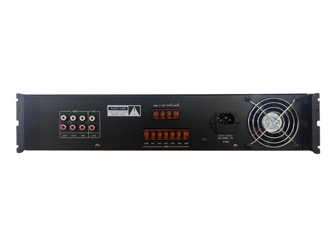Amplifikator audio analog Hikvision DS-QAE0A240G1-VB6 240W me 6 zona, Bluetooth, USB, kartë SD, AUX, EMC dhe hyrje për mikrofon, dalje 110V, 70V dhe 4–16Ω, ideal për sisteme muzike, njoftime zanore, hotele, shkolla, qendra tregtare dhe biznese në Shqipëri.