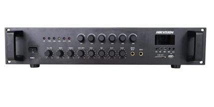 Amplifikator audio analog Hikvision DS-QAE0A240G1-VB6 240W me 6 zona, Bluetooth, USB, kartë SD, AUX, EMC dhe hyrje për mikrofon, dalje 110V, 70V dhe 4–16Ω, ideal për sisteme muzike, njoftime zanore, hotele, shkolla, qendra tregtare dhe biznese në Shqipëri.
