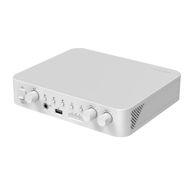 Amplifikator audio analog Hikvision DS-QAE0A60G1-VB 60W me Bluetooth 5.3, USB, hyrje për mikrofon dhe RCA, dalje për altoparlantë 100V dhe 4–8Ω, ideal për sisteme muzike, njoftime zanore, restorante, hotele, zyra, shkolla dhe biznese në Shqipëri.