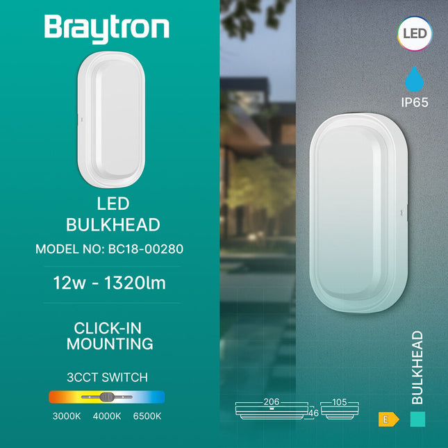Braytron BC18-00280 LED Bulkhead 12W White IP65, 1320lm 3CCT, panel ndriçimi i jashtëm për përdorim rezidencial dhe komercial në Shqipëri.