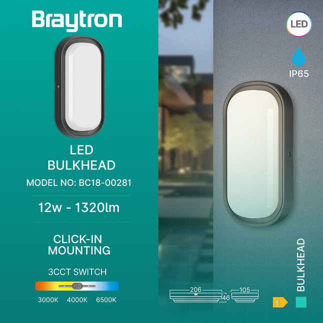 Braytron BC18-00281 LED Bulkhead 12W Black IP65, ndriçim i jashtëm 1320lm 3CCT për hyrje, shkallë dhe mure të jashtme në Shqipëri.