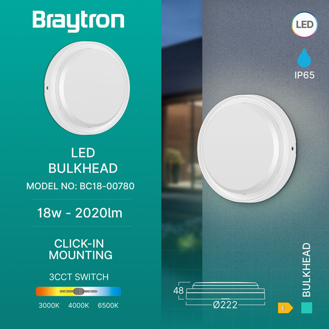 Braytron BC18-00780 LED Bulkhead 18W IP65 White, Ø222mm 2020lm 3CCT, panel ndriçimi i jashtëm për ambiente rezidenciale dhe komerciale në Shqipëri.