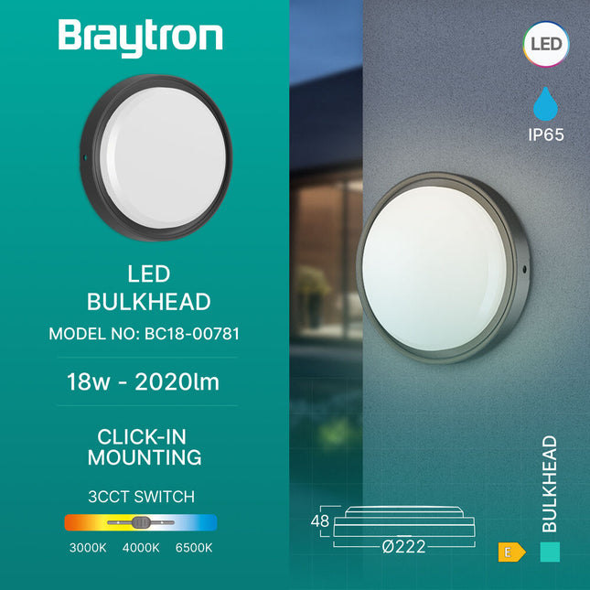 Braytron BC18-00781 LED Bulkhead 18W IP65 Black, Ø222mm 2020lm 3CCT, ndriçim i jashtëm rezistent ndaj ujit për mure dhe korridore në Shqipëri.”