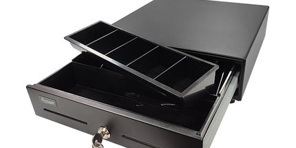 Kasë lekësh OCOM ECD-330H metalike me tabaka plastike, 4 ndarje kartëmonedhash dhe 8 ndarje monedhash për POS dhe dyqane në Shqipëri.