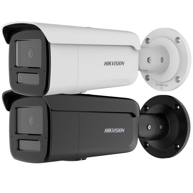 Kamerë IP Bullet Hikvision AcuSense DS-2CD2T43G2-2LI(2U)/4LI(2U) 4MP me Smart Hybrid Light, zbulim inteligjent të njerëzve dhe automjeteve, mikrofon të dyfishtë të integruar (modelet -2U), WDR 120 dB, H.265+, IP67, IK10, PoE dhe mbështetje për kartë microSD deri në 512GB, ideale për sisteme profesionale sigurie në Shqipëri.