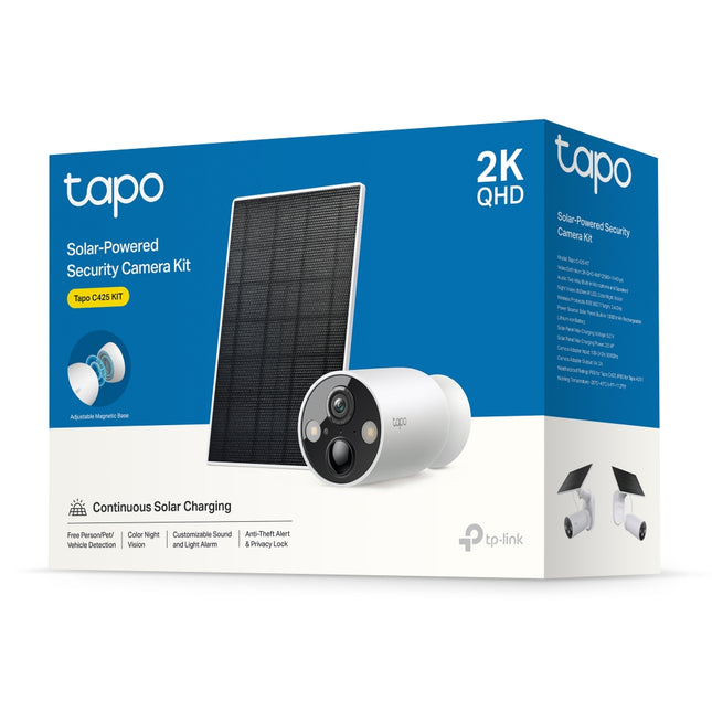 Kamerë WiFi Solare TP-Link Tapo C425 Kit 2K 3MP me panel diellor, bateri me autonomi deri në 300 ditë, Color Night Vision, AI për zbulimin e personave, automjeteve dhe kafshëve, instalim pa kabllo, ruajtje me microSD dhe mbrojtje IP66, ideale për sigurinë e shtëpisë dhe biznesit në Shqipëri. 