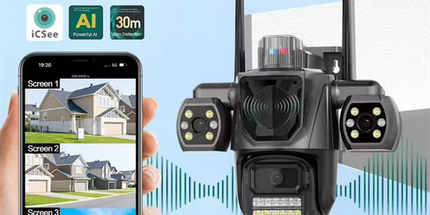 Kamerë sigurie WiFi ICSEE 3MP PTZ 360° me Auto Tracking, vision nate, audio me dy drejtime, IP65 rezistente ndaj ujit, kontroll nga telefoni me aplikacion iCSee, mbështetje MicroSD deri në 128GB, ideale për shtëpi, biznese dhe ambiente të jashtme në Shqipëri.