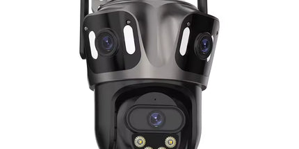 Kamerë sigurie WiFi ICSEE 9MP me 3 lente PTZ 360°, AI Auto Tracking, vision nate me ngjyra, audio me dy drejtime, IP66 rezistente ndaj ujit, lidhje WiFi dhe LAN, monitorim nga telefoni me aplikacionin iCSee, ideale për shtëpi, biznese dhe ambiente të jashtme në Shqipëri.