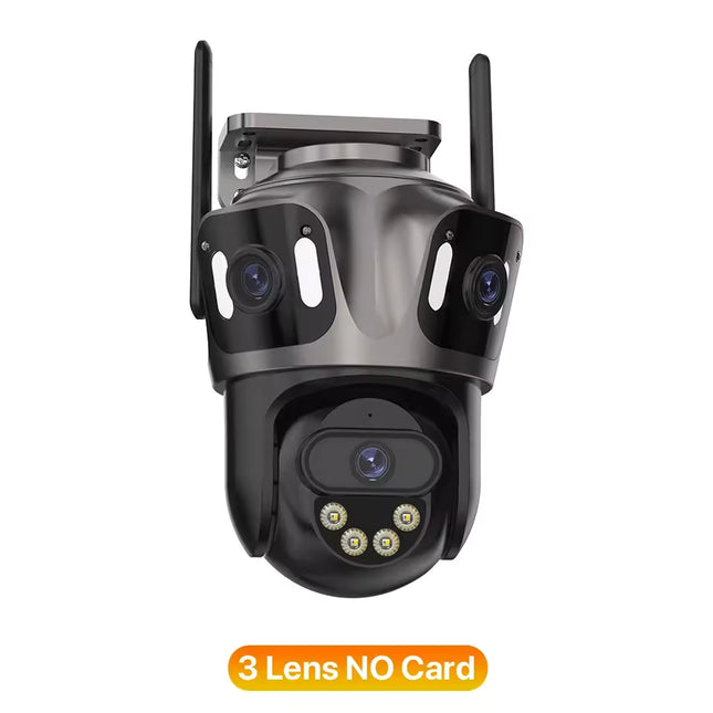 Kamerë sigurie WiFi ICSEE 9MP me 3 lente PTZ 360°, AI Auto Tracking, vision nate me ngjyra, audio me dy drejtime, IP66 rezistente ndaj ujit, lidhje WiFi dhe LAN, monitorim nga telefoni me aplikacionin iCSee, ideale për shtëpi, biznese dhe ambiente të jashtme në Shqipëri.