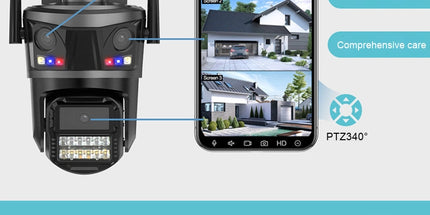 Kamerë sigurie WiFi ICSEE 9MP me 3 lente PTZ 360°, AI Auto Tracking, vision nate me ngjyra, audio me dy drejtime, IP66 rezistente ndaj ujit, lidhje WiFi dhe LAN, monitorim nga telefoni me aplikacionin iCSee, ideale për shtëpi, biznese dhe ambiente të jashtme në Shqipëri.
