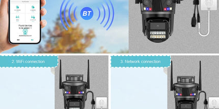 Kamerë sigurie WiFi ICSEE 9MP me 3 lente PTZ 360°, AI Auto Tracking, vision nate me ngjyra, audio me dy drejtime, IP66 rezistente ndaj ujit, lidhje WiFi dhe LAN, monitorim nga telefoni me aplikacionin iCSee, ideale për shtëpi, biznese dhe ambiente të jashtme në Shqipëri.