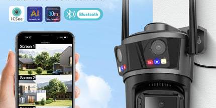 Kamerë sigurie WiFi ICSEE 9MP me 3 lente PTZ 360°, AI Auto Tracking, vision nate me ngjyra, audio me dy drejtime, IP66 rezistente ndaj ujit, lidhje WiFi dhe LAN, monitorim nga telefoni me aplikacionin iCSee, ideale për shtëpi, biznese dhe ambiente të jashtme në Shqipëri.