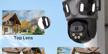 Kamerë sigurie WiFi ICSEE 9MP me 3 lente PTZ 360°, AI Auto Tracking, vision nate me ngjyra, audio me dy drejtime, IP66 rezistente ndaj ujit, lidhje WiFi dhe LAN, monitorim nga telefoni me aplikacionin iCSee, ideale për shtëpi, biznese dhe ambiente të jashtme në Shqipëri.