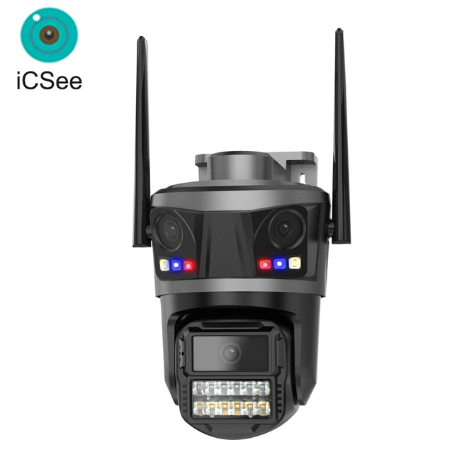 Kamerë sigurie WiFi ICSEE 9MP me 3 lente PTZ 360°, AI Auto Tracking, vision nate me ngjyra, audio me dy drejtime, IP66 rezistente ndaj ujit, lidhje WiFi dhe LAN, monitorim nga telefoni me aplikacionin iCSee, ideale për shtëpi, biznese dhe ambiente të jashtme në Shqipëri.