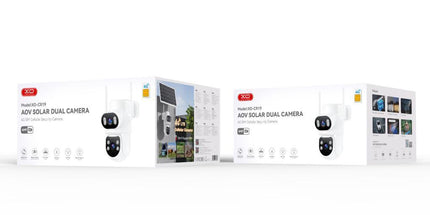 Kamerë sigurie XO CR19 4G Dual Lens 4MP me panel diellor, regjistrim 24/7 Always On Video (AOV), AI Human Detection, sensor PIR, vision nate me ngjyra, audio me dy drejtime, bateri 6880mAh, funksionon pa WiFi me rrjet 4G LTE, ideale për ferma, magazina, vila dhe ambiente të jashtme në Shqipëri. 