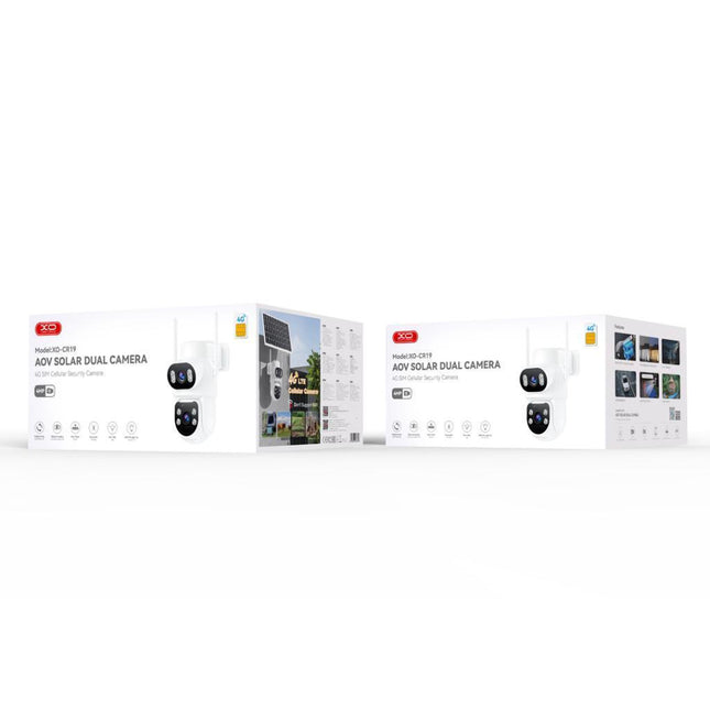 Kamerë sigurie XO CR19 4G Dual Lens 4MP me panel diellor, regjistrim 24/7 Always On Video (AOV), AI Human Detection, sensor PIR, vision nate me ngjyra, audio me dy drejtime, bateri 6880mAh, funksionon pa WiFi me rrjet 4G LTE, ideale për ferma, magazina, vila dhe ambiente të jashtme në Shqipëri. 