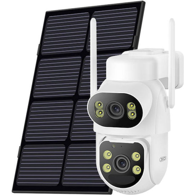 Kamerë sigurie XO CR19 4G Dual Lens 4MP me panel diellor, regjistrim 24/7 Always On Video (AOV), AI Human Detection, sensor PIR, vision nate me ngjyra, audio me dy drejtime, bateri 6880mAh, funksionon pa WiFi me rrjet 4G LTE, ideale për ferma, magazina, vila dhe ambiente të jashtme në Shqipëri. 