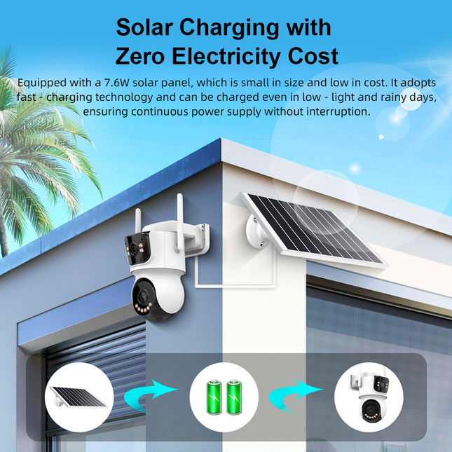 Kamerë sigurie solare WiFi TQ9 8MP Dual Lens me Auto Tracking, AI Human Detection, vision nate deri në 30 metra, audio me dy drejtime, bateri 18000mAh, regjistrim 24/7 dhe panel diellor, ideale për shtëpi, biznese, ferma dhe ambiente të jashtme në Shqipëri. 