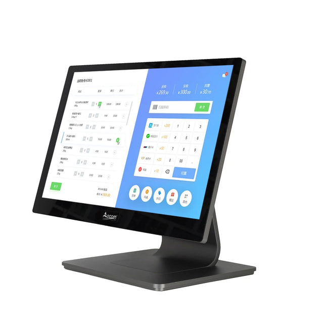 Kasë POS me ekran me prekje 15.6 inç OCOM POS-1562, sistem Windows 10/11 ose Android 11, trup alumini premium, procesor Intel Celeron J6412, ideale për markete, supermarkete, restorante, farmaci, bare dhe biznese në Shqipëri.