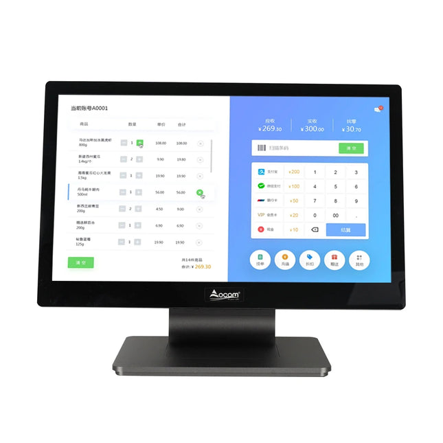 Kasë POS me ekran me prekje 15.6 inç OCOM POS-1562, sistem Windows 10/11 ose Android 11, trup alumini premium, procesor Intel Celeron J6412, ideale për markete, supermarkete, restorante, farmaci, bare dhe biznese në Shqipëri.