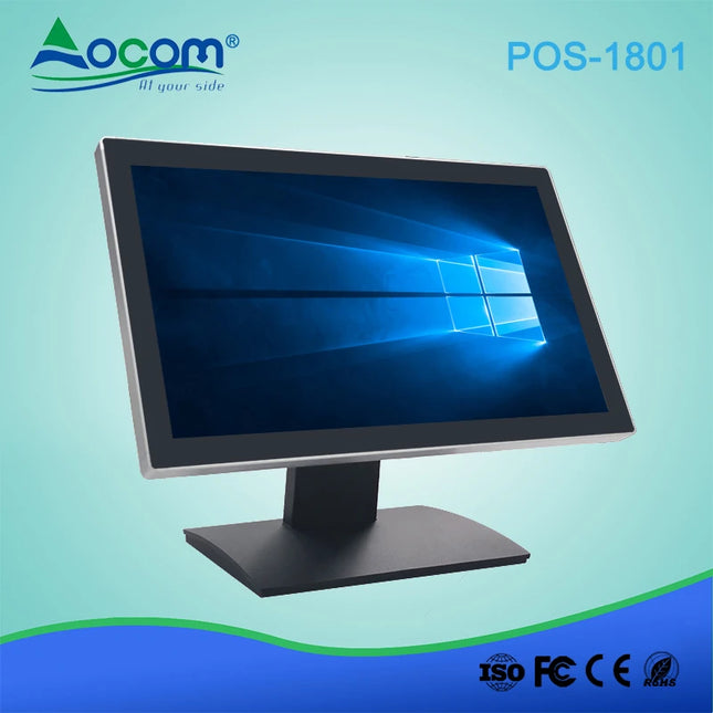 Kasë POS me ekran me prekje 18.5 inç OCOM POS-1801, trup metalik me bazë alumini, procesor Intel Celeron J1900 ose Intel Core i3/i5, Windows, ekran i madh HD, ideale për markete, supermarkete, restorante, farmaci dhe biznese në Shqipëri.