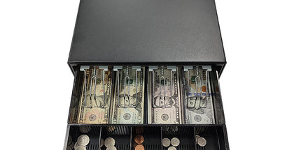 Kasë lekësh OCOM ECD-330H metalike me tabaka plastike, 4 ndarje kartëmonedhash dhe 8 ndarje monedhash për POS dhe dyqane në Shqipëri.