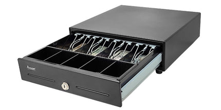 Kasë lekësh OCOM ECD-330H metalike me tabaka plastike, 4 ndarje kartëmonedhash dhe 8 ndarje monedhash për POS dhe dyqane në Shqipëri.