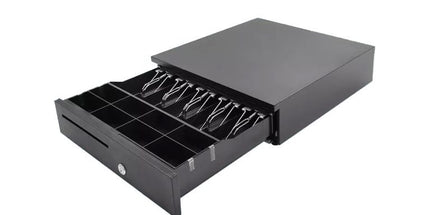 Kasë lekësh automatike OCOM ECD-420X me 5 ndarje kartëmonedhash dhe 8 monedhash, slot frontal dhe mekanizëm POS për markete dhe dyqane në Shqipëri.