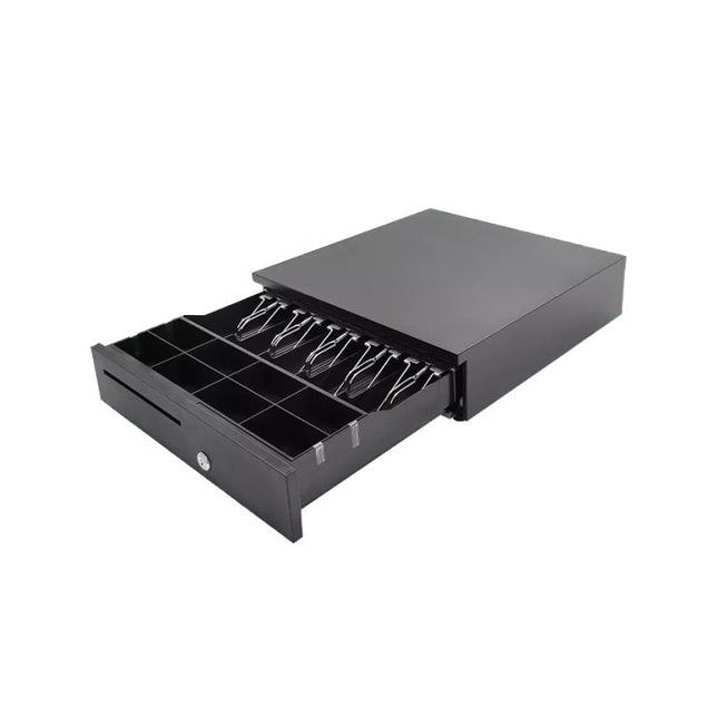 Kasë lekësh automatike OCOM ECD-420X me 5 ndarje kartëmonedhash dhe 8 monedhash, slot frontal dhe mekanizëm POS për markete dhe dyqane në Shqipëri.