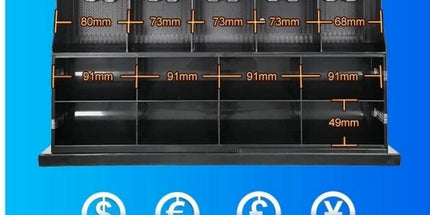 Kasë lekësh automatike OCOM ECD-420X me 5 ndarje kartëmonedhash dhe 8 monedhash, slot frontal dhe mekanizëm POS për markete dhe dyqane në Shqipëri.