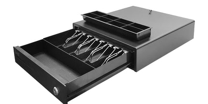 Kasë lekësh heavy-duty OCOM ECD-335X me 4 ndarje kartëmonedhash dhe 8 ndarje monedhash, e përshtatshme për markete, dyqane dhe pika POS në Shqipëri.