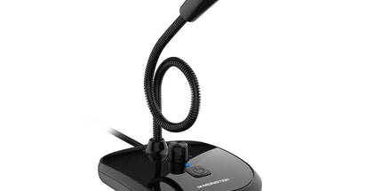 Mikrofon Monster Airmars GM02 USB me gooseneck fleksibël, reduktim zhurme dhe dizajn për gaming dhe streaming.