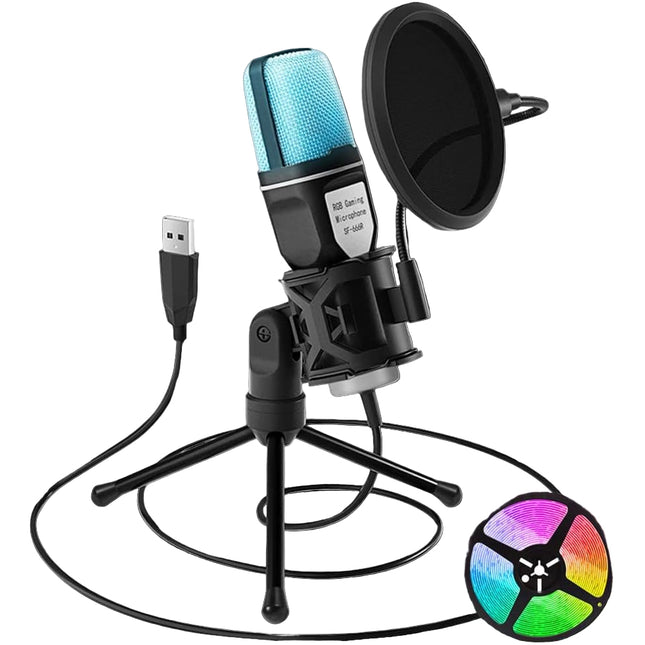 Mikrofon Yanmai SF-666R USB me LED RGB, mikrofon gaming me kapje omnidireksionale dhe tripod për PC dhe laptop.