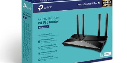 Router WiFi 6 Dual Band AX1500 TP-Link Archer AX10 me 1.5Gbps, 1201Mbps 5GHz + 300Mbps 2.4GHz, OFDMA, MU-MIMO, 4 antena, Gigabit dhe OneMesh.     Archer AX10 _ Router F (FTTH_ _…