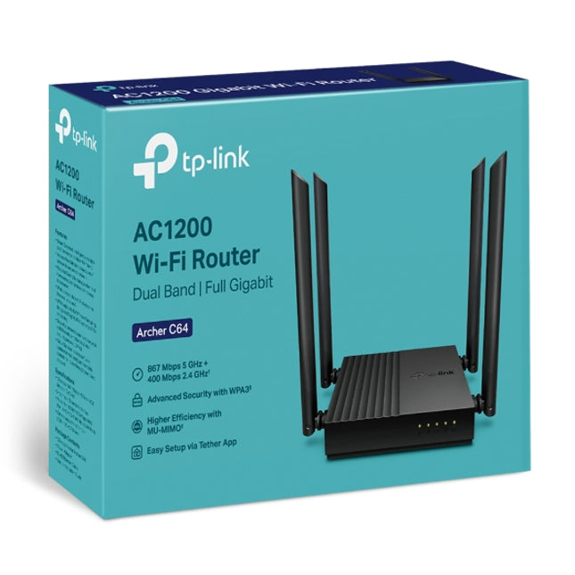 Router WiFi Dual Band AC1200 MU-MIMO TP-Link Archer C64, 867Mbps 5GHz + 400Mbps 2.4GHz, 4 antena, Beamforming, Smart Connect dhe Access Point Mode.     Archer C64 _ AC1200 Wireless MU…