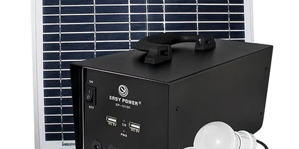 Sistem ndriçimi LED solar EP1212C me 4 llamba LED, panel diellor 100W dhe bateri të rikarikueshme, ideal për shtëpi, vila, camping, ferma, oborre dhe përdorim në raste emergjente, me instalim të lehtë dhe kursim energjie.