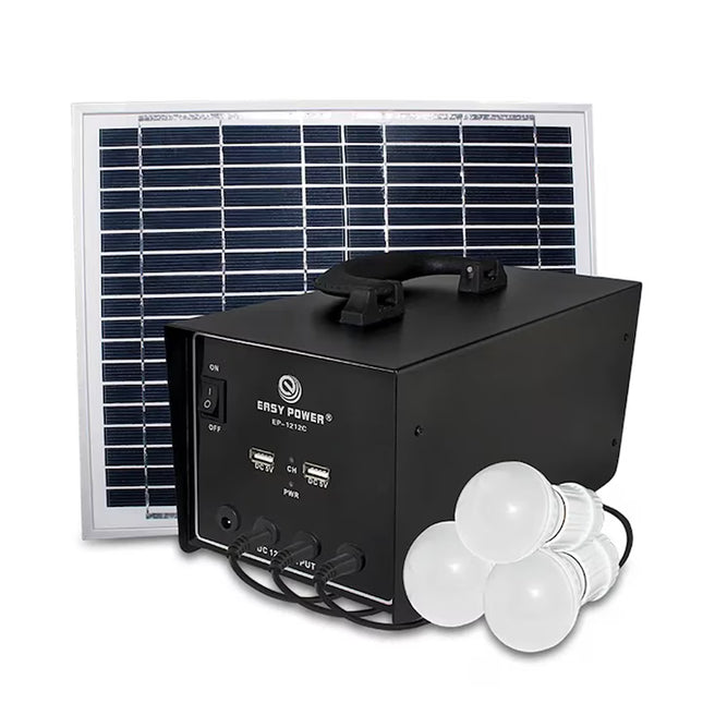 Sistem ndriçimi LED solar EP1212C me 4 llamba LED, panel diellor 100W dhe bateri të rikarikueshme, ideal për shtëpi, vila, camping, ferma, oborre dhe përdorim në raste emergjente, me instalim të lehtë dhe kursim energjie.