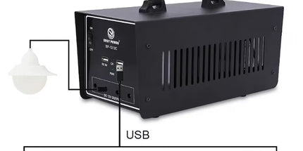 Sistem ndriçimi LED solar EP1212C me 4 llamba LED, panel diellor 100W dhe bateri të rikarikueshme, ideal për shtëpi, vila, camping, ferma, oborre dhe përdorim në raste emergjente, me instalim të lehtë dhe kursim energjie.