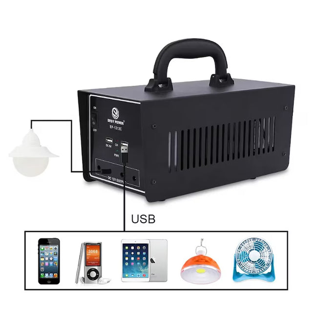 Sistem ndriçimi LED solar EP1212C me 4 llamba LED, panel diellor 100W dhe bateri të rikarikueshme, ideal për shtëpi, vila, camping, ferma, oborre dhe përdorim në raste emergjente, me instalim të lehtë dhe kursim energjie.