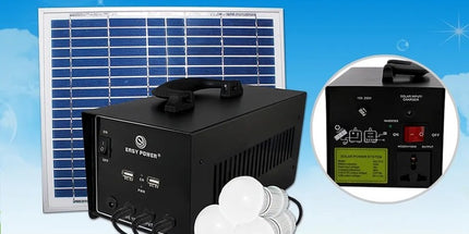 Sistem ndriçimi LED solar EP1212C me 4 llamba LED, panel diellor 100W dhe bateri të rikarikueshme, ideal për shtëpi, vila, camping, ferma, oborre dhe përdorim në raste emergjente, me instalim të lehtë dhe kursim energjie.