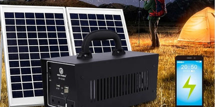 Sistem ndriçimi LED solar EP1212C me 4 llamba LED, panel diellor 100W dhe bateri të rikarikueshme, ideal për shtëpi, vila, camping, ferma, oborre dhe përdorim në raste emergjente, me instalim të lehtë dhe kursim energjie.