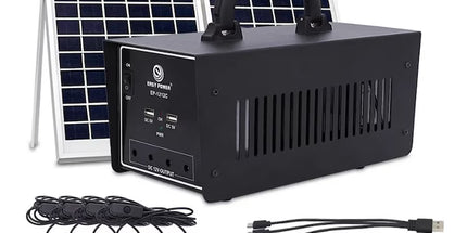 Sistem ndriçimi LED solar EP1212C me 4 llamba LED, panel diellor 100W dhe bateri të rikarikueshme, ideal për shtëpi, vila, camping, ferma, oborre dhe përdorim në raste emergjente, me instalim të lehtë dhe kursim energjie.