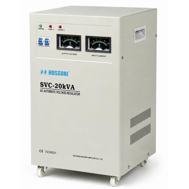 Stabilizator Tensioni Automatik Hossoni 20 kVA 3 Fazor Servo AVR me efikasitet të lartë, teknologji servo, mbrojtje nga luhatjet e tensionit, ideal për biznese, makineri industriale, serverë, pajisje elektrike dhe ambiente profesionale në Shqipëri. 