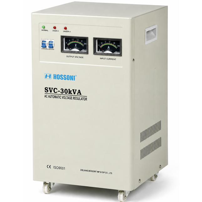 Stabilizator Tensioni Automatik Hossoni 30 kVA 3 Fazor Servo AVR me efikasitet të lartë, teknologji servo, mbrojtje nga luhatjet e tensionit, ideal për biznese, makineri industriale, serverë, pajisje elektrike dhe ambiente profesionale në Shqipëri. 