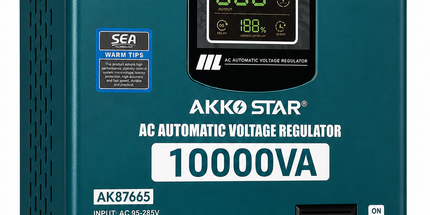Stabilizator tensioni AKKO STAR 10000VA 95-285V me rregullim automatik të tensionit për shtëpi, biznes dhe pajisje industriale. Mbron nga luhatjet e rrymës, mbingarkesa, mbinxehja dhe qarku i shkurtër. Stabilizator 10000VA në Shqipëri nga AlbaStore.