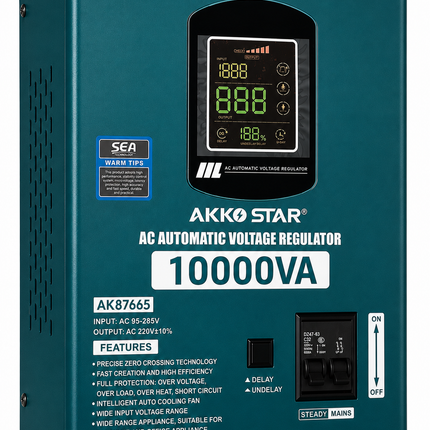 Stabilizator tensioni AKKO STAR 10000VA 95-285V me rregullim automatik të tensionit për shtëpi, biznes dhe pajisje industriale. Mbron nga luhatjet e rrymës, mbingarkesa, mbinxehja dhe qarku i shkurtër. Stabilizator 10000VA në Shqipëri nga AlbaStore.