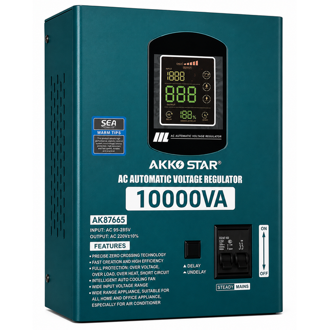 Stabilizator tensioni AKKO STAR 10000VA 95-285V me rregullim automatik të tensionit për shtëpi, biznes dhe pajisje industriale. Mbron nga luhatjet e rrymës, mbingarkesa, mbinxehja dhe qarku i shkurtër. Stabilizator 10000VA në Shqipëri nga AlbaStore.