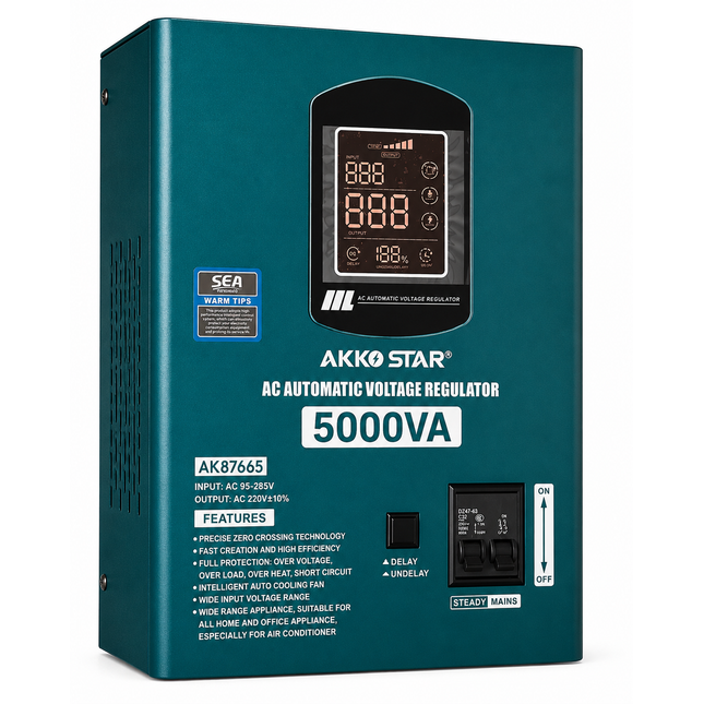 Stabilizator tensioni AKKO STAR 5000VA 95-285V për shtëpi, biznes dhe kondicioner. Rregullator automatik tensioni me mbrojtje nga luhatjet e rrymës, mbingarkesa dhe qarku i shkurtër. Stabilizator 5000VA në Shqipëri nga AlbaStore.