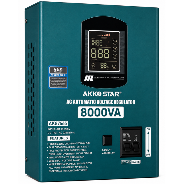 Stabilizator tensioni AKKO STAR 8000VA 95-285V me rregullim automatik të tensionit për shtëpi, biznes dhe kondicioner. Mbron pajisjet nga luhatjet e rrymës, mbingarkesa, mbinxehja dhe qarku i shkurtër. Stabilizator 8000VA në Shqipëri nga AlbaStore.