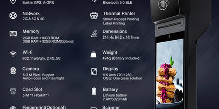 Terminal fiskal portativ Z92 me Android 13, ekran me prekje 5.5 inç, printer termik 58 mm, 4G, WiFi, Bluetooth, NFC, lexues QR dhe barkodesh, ideal për markete, restorante, farmaci, korrierë dhe biznese në Shqipëri. 